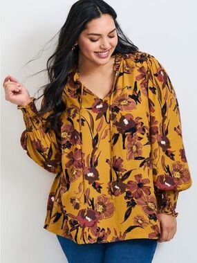 Avenue Plus Size Mustard Floral Tie-Neck Tunic